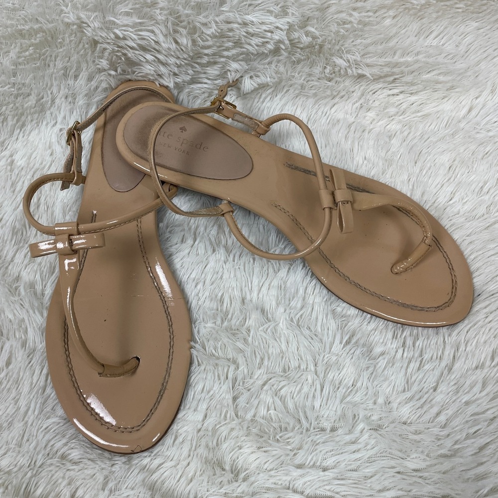 Kate Spade Bow T Strap Sandals Womens Size 11 Beige Flats Shoes Feminine Neutral